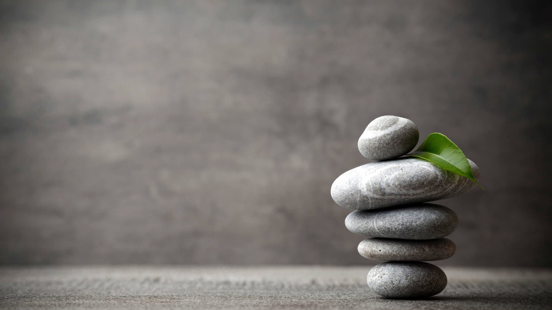 A stack of smooth stones topped with a green leaf.