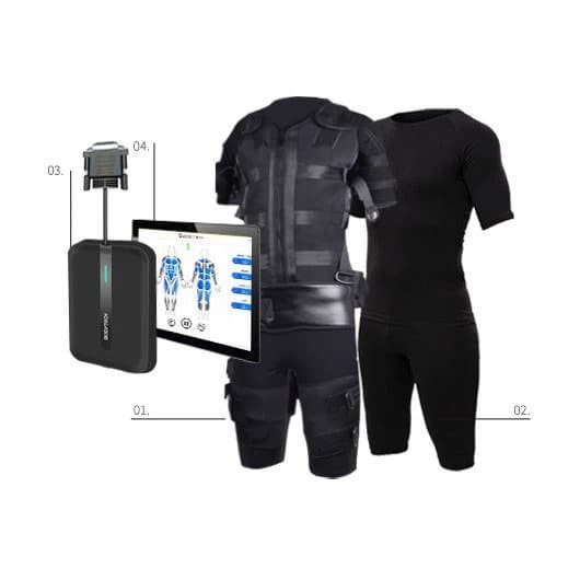 Product photo of a whole-body EMS suit, undersuit, control unit and tablet.